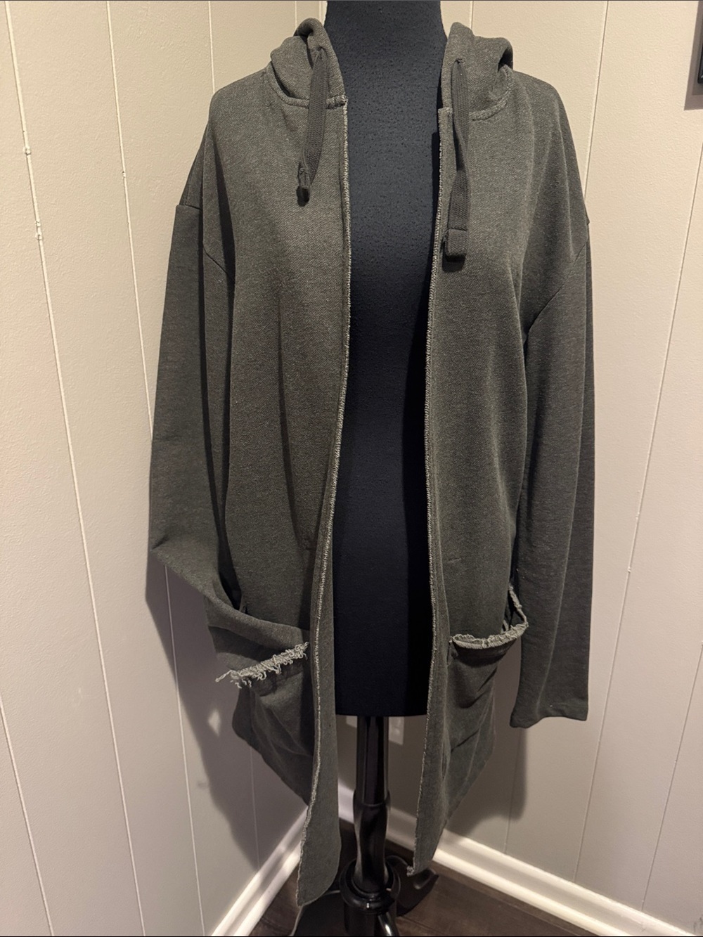 Z Zara dark gray long open front raw edge hoodie cardigan/jacket/duster. Small.